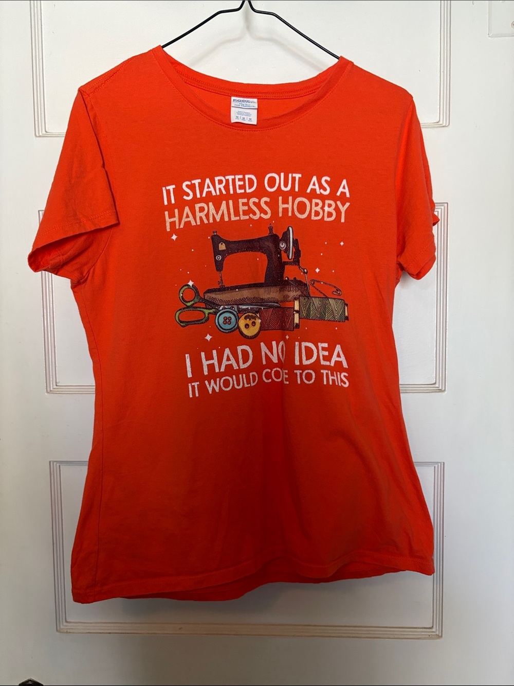 Port and Company Orange "It Started Out as a Harmless Hobby" Sewing Graphic Tee